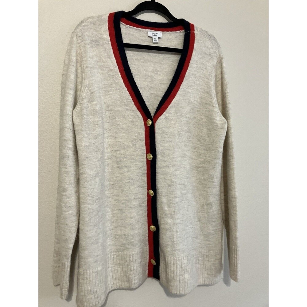 Crown & Ivy Cozy Knit Cardigan Preppy Classic with Striped Trim Gold Buttons XL